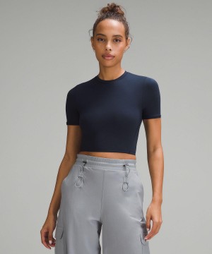 Navy Lululemon Wundermost Ultra-Soft Nulu Crewneck Cropped Women T Shirts | NZ_LuLu63368